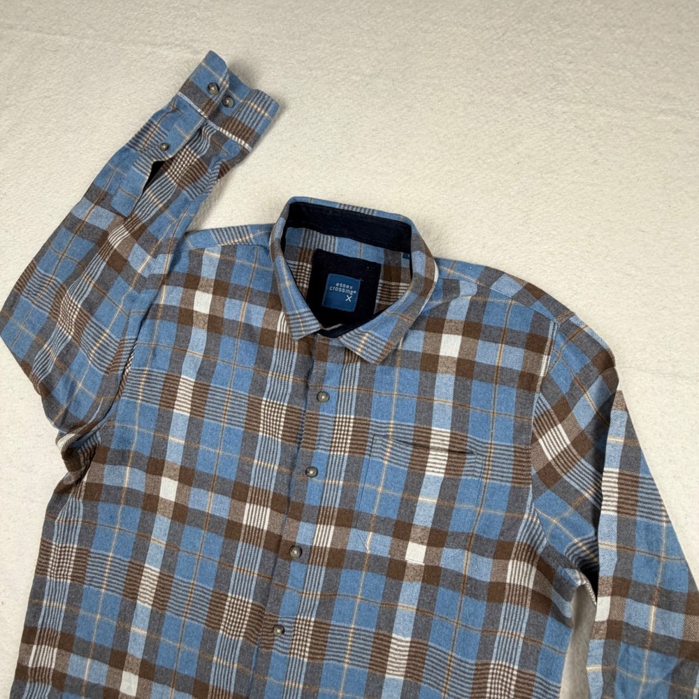 Essex Crossing Mens Blue Brown Plaid Flannel Button Down Shirt Large RN123827